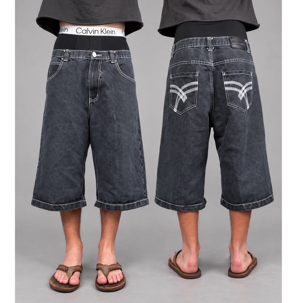 Vintage South Pole Style Black Denim Jorts Baggy Y2K Shorts 36 Long Emroidered